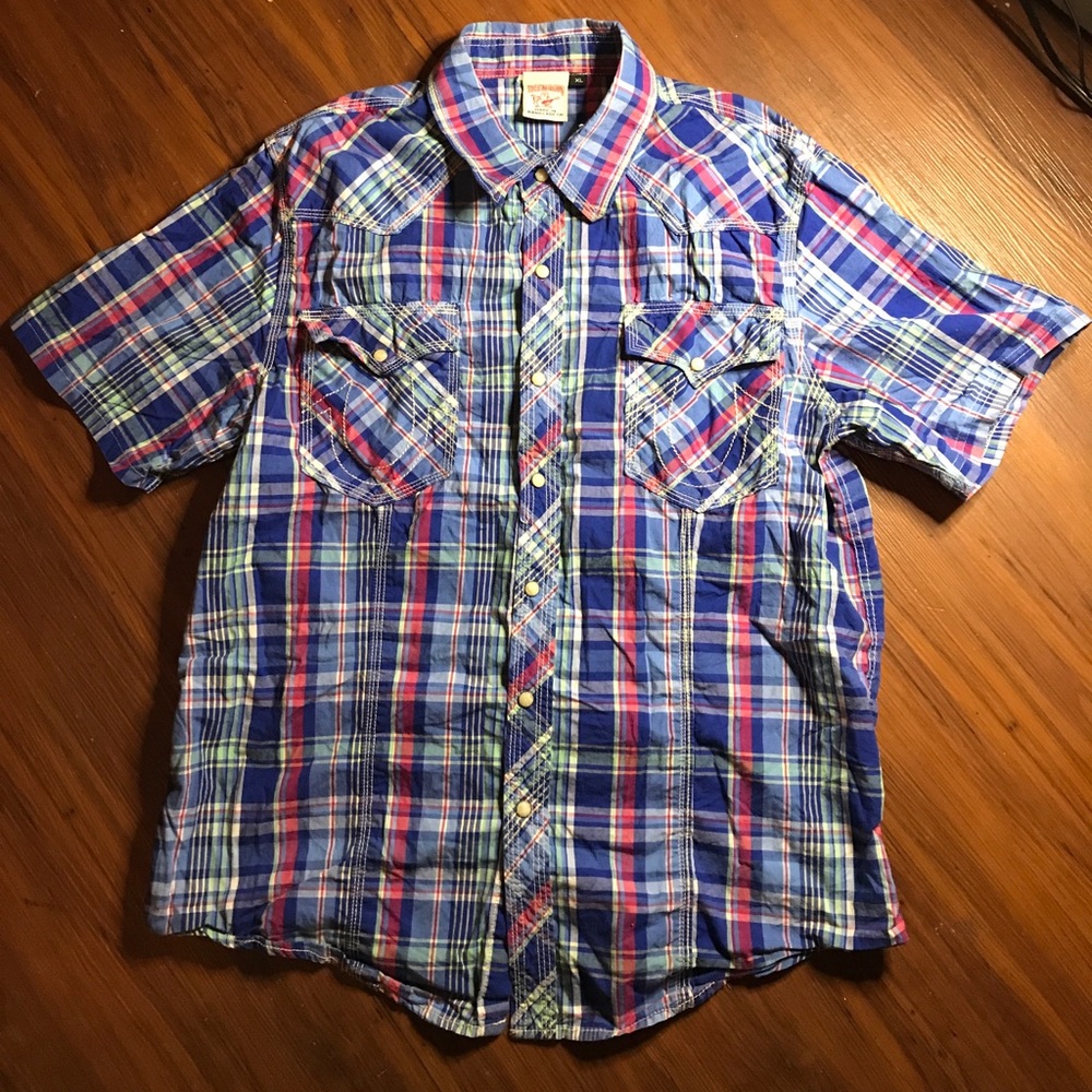 Men’s True Religion Pearl Snap Plaid Shirt Size XL
